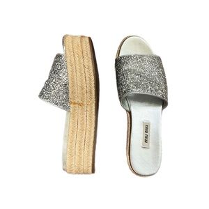 MIU MIU PLATFORM GLITTER SANDALS